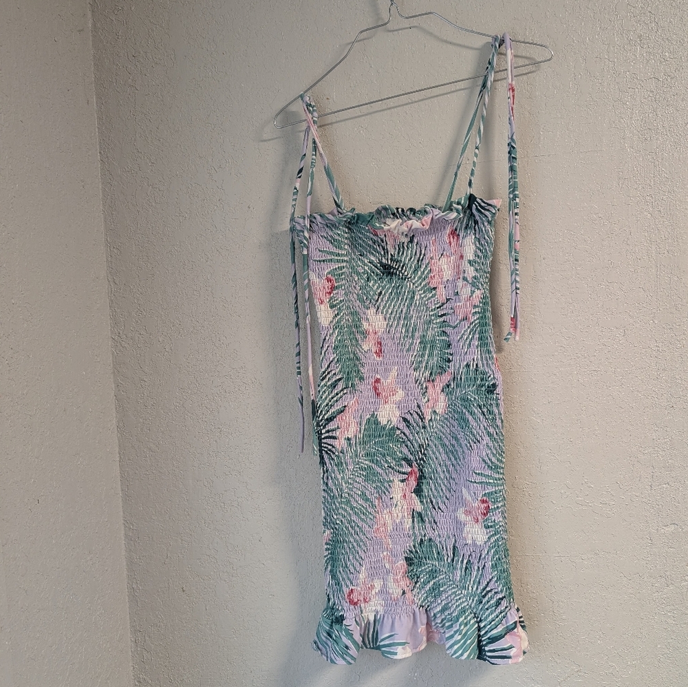 Tropical Print Smocked Mini Dress Xs Adjustable Straps Ruffle Mermaid Whimsy